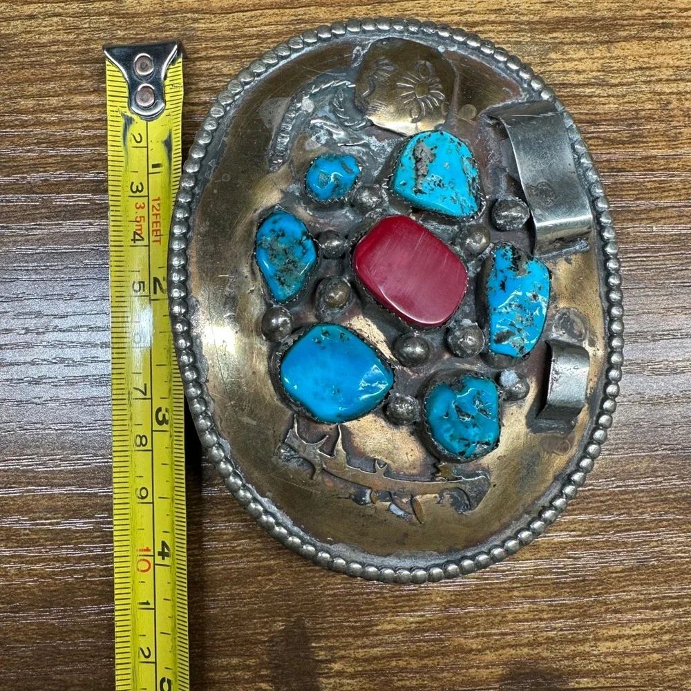 Vintage OE Native American Style Turquoise Red Coral Mixed Metal Belt Buckle